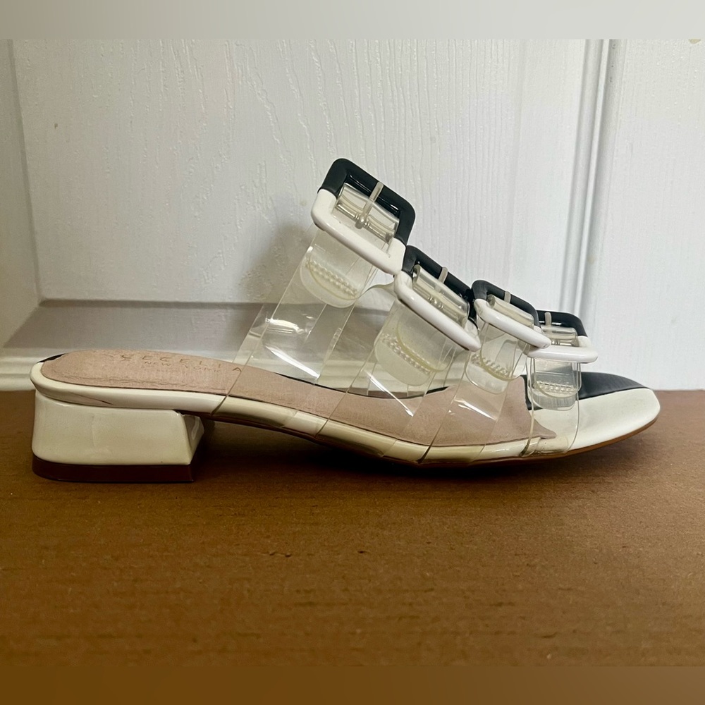 CECELIA New York Lincoln Sandals, Black and White, Clear Strap, Size 6.5